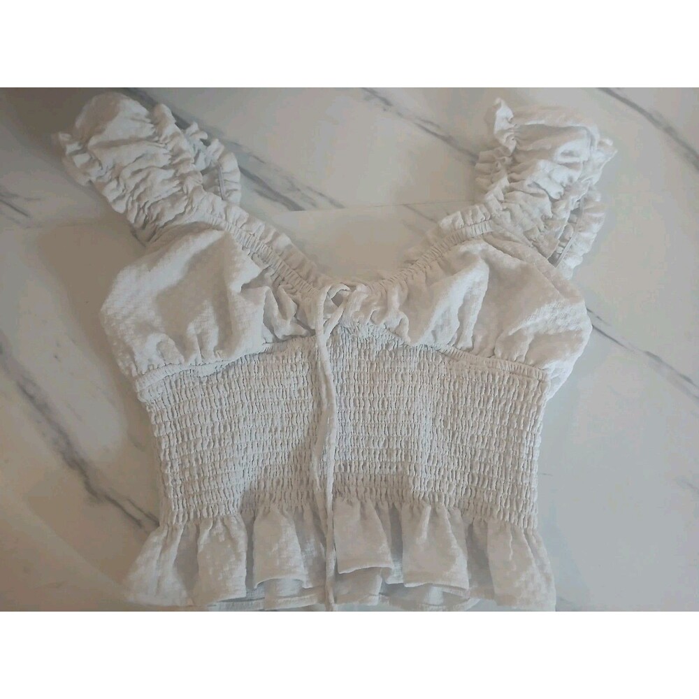White Puff Sleeve Smocked Babydoll Crop Top Cottage Pirate Peasant Size Small